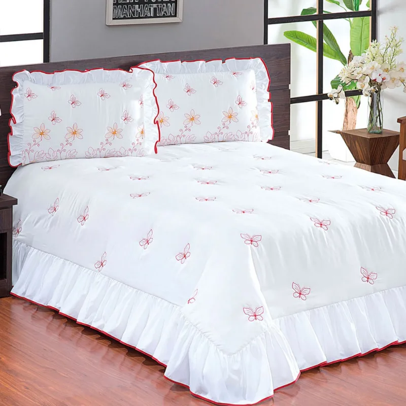 Kit Colcha Queen Branca Bordada Borboletas 3 Peças 2,60m x 2,60m com Porta Travesseiro