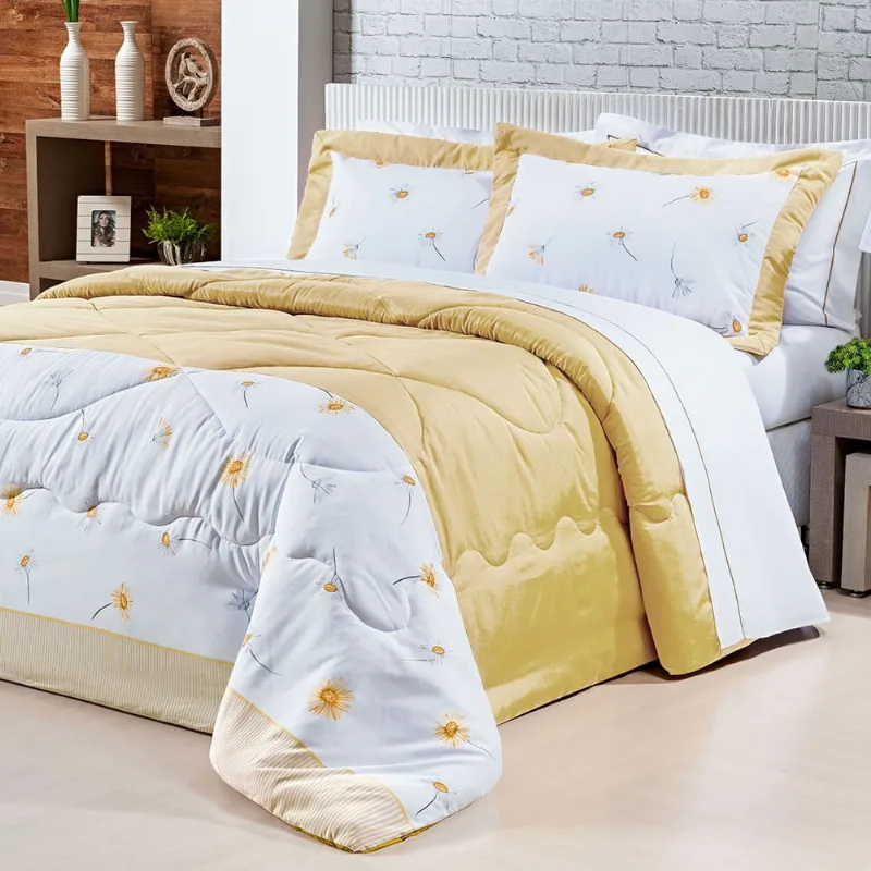 Cobre Leito Casal Estampado Floral Verde 200 Fios + Jogo de Cama 100% Algodão - 7 Peças