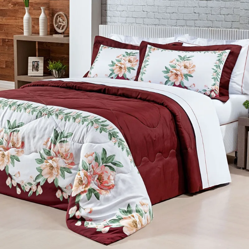 Cobre Leito Queen Azul Claro Estampado Floral Percal 200 Fios + Jogo de Lençol 100% Algodão - 7 Peças