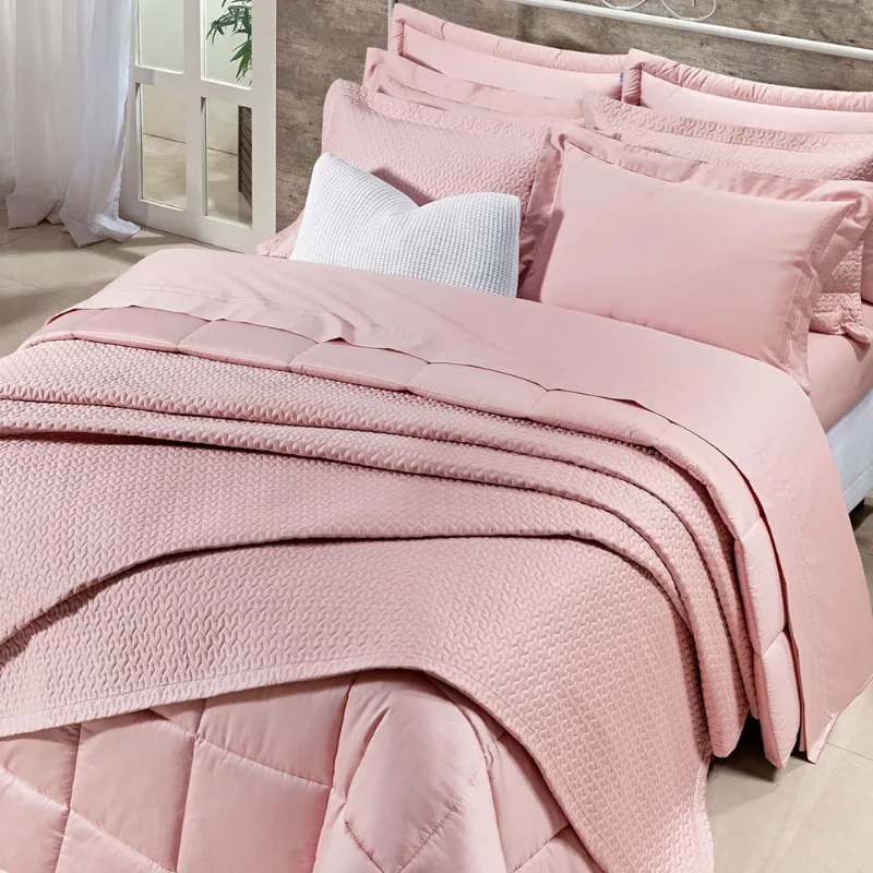 Cobre Leito 100% Algodão King 400 Fios Egípcio Rosa + Jogo de Cama - 7 Peças