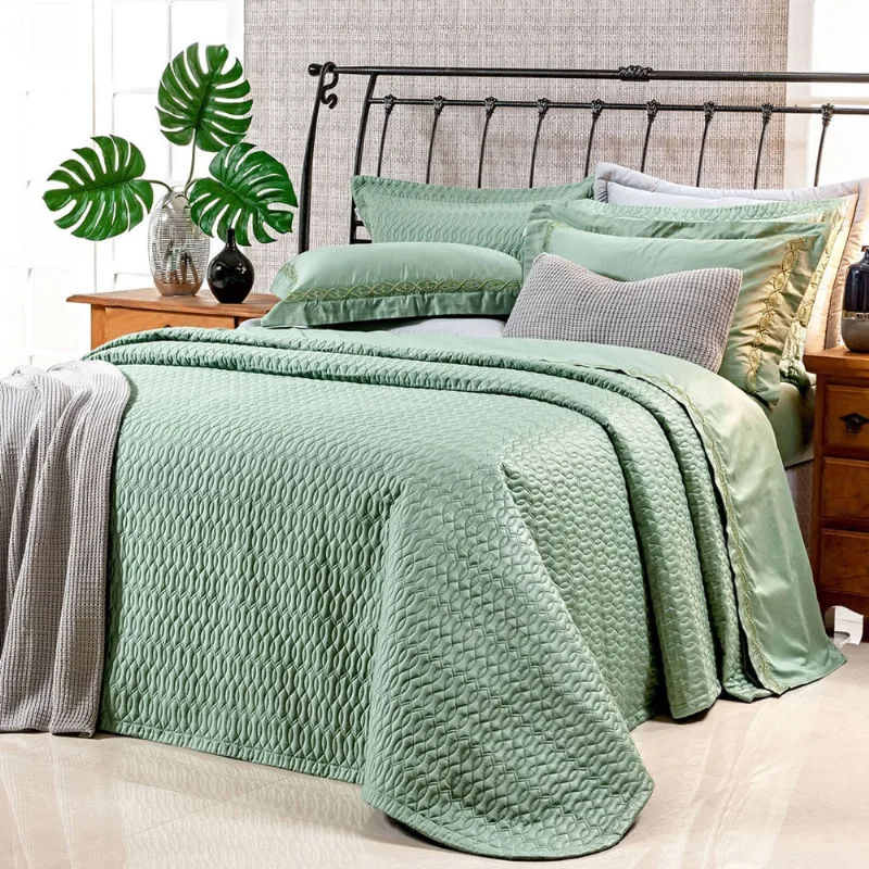 Cobre Leito Super King 400 Fios Egípcio 100% Algodão Verde + Jogo de Cama - 7 Peças