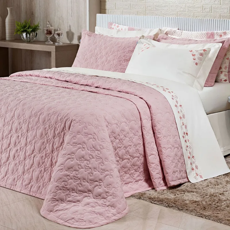Kit Colcha Clara King Rosa 200 Fios 100% Algodão 3 Peças 2,80m x 2,70m