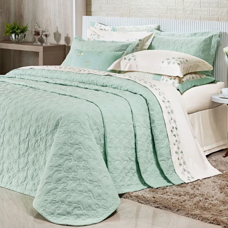 Cobre Leito King Verde 200 Fios 100% Algodão + Jogo de Cama - 7 Peças 2,80m x 2,70m