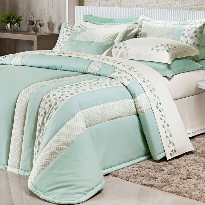 Kit de Colcha King Size Verde Clara 200 Fios 100% Algodão + Jogo de Cama - 9 Peças
