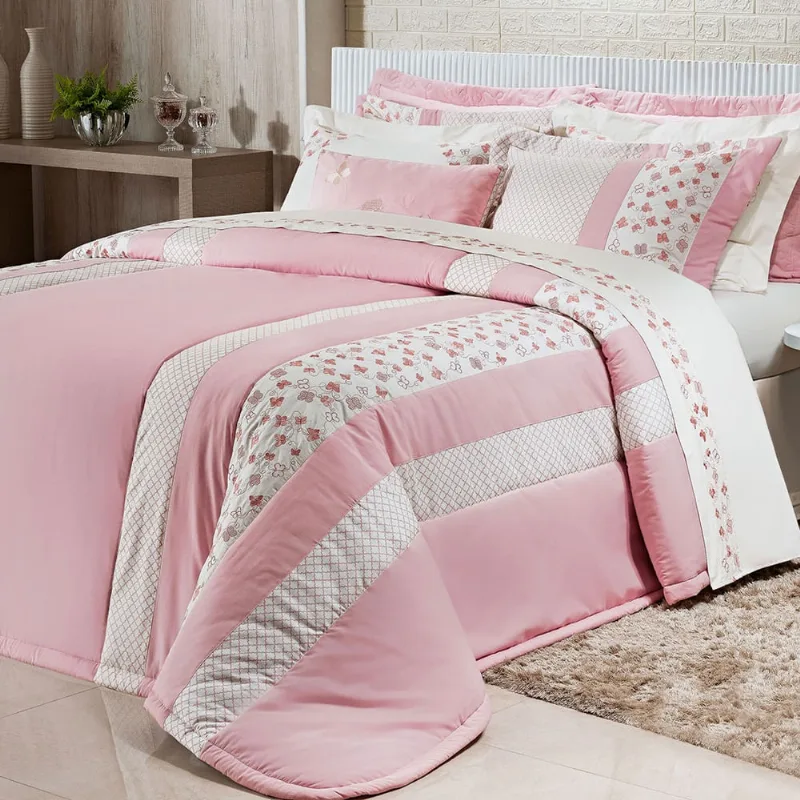 Kit Colcha Super King Rosa 200 Fios 100% Algodão + Jogo de Cama - 9 Peças 3,15m x 2,70m