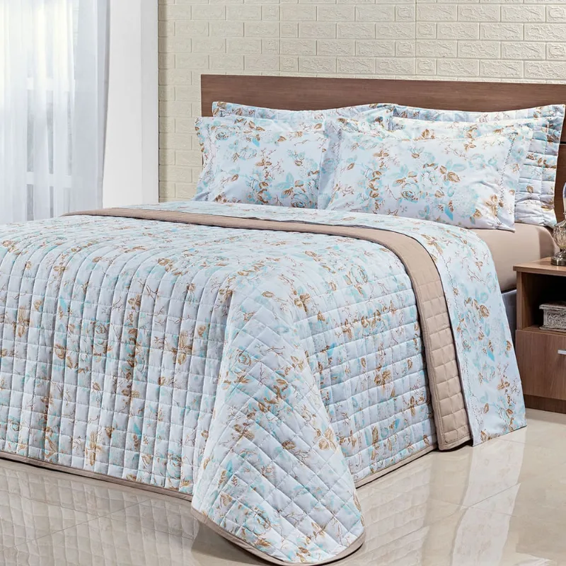 Cobre Leito Estampado King Floral Bege 200 Fios 100% Algodão + Jogo de Cama - 7 Peças