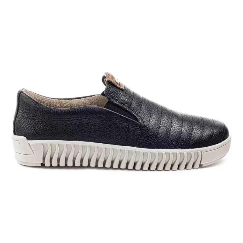 Tênis Feminino em Couro Pegada Slip On Yoga Conforto - Preto