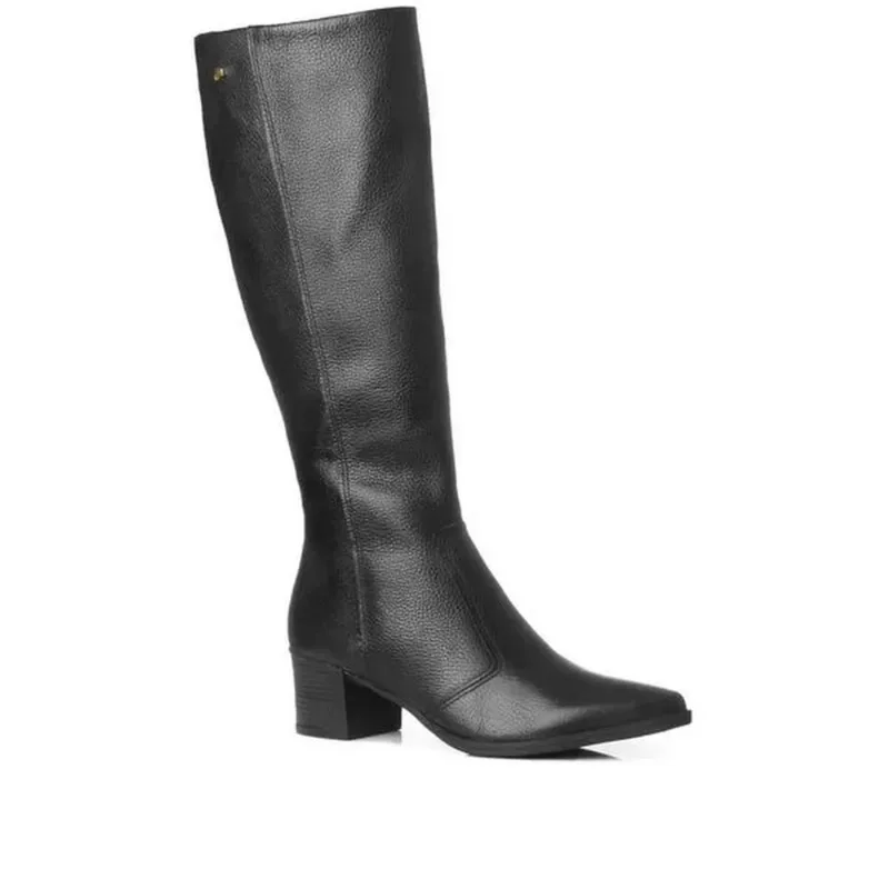 Bota Feminina Pegada Cano Longo Couro Salto Baixo Bico Fino
