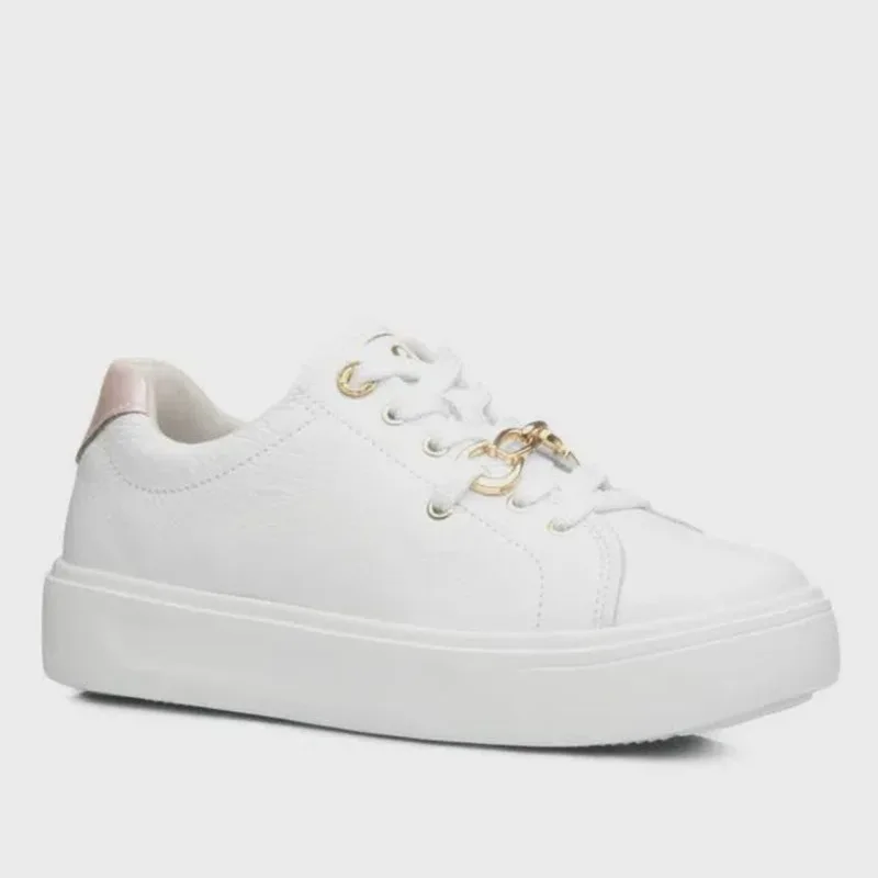Tênis Faminino Pegada Couro Branco Com Corrente Flatform Conforto
