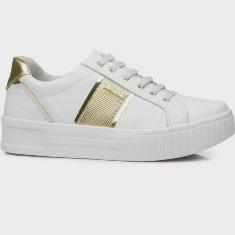 Tênis Feminino Pegada Couro Branco Dourado Flatform Conforto