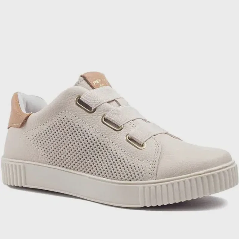 Tênis Feminino Pegada Couro Bege Linho Elástico Casual