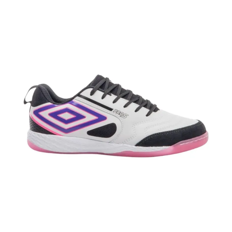 Chuteira Futsal N°42 Umbro Pro 5 Bump Branco Preto Roxo (MP)