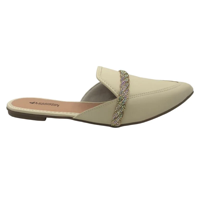 Mule Mississipi Bico Fino Com Brilho Bege 761
