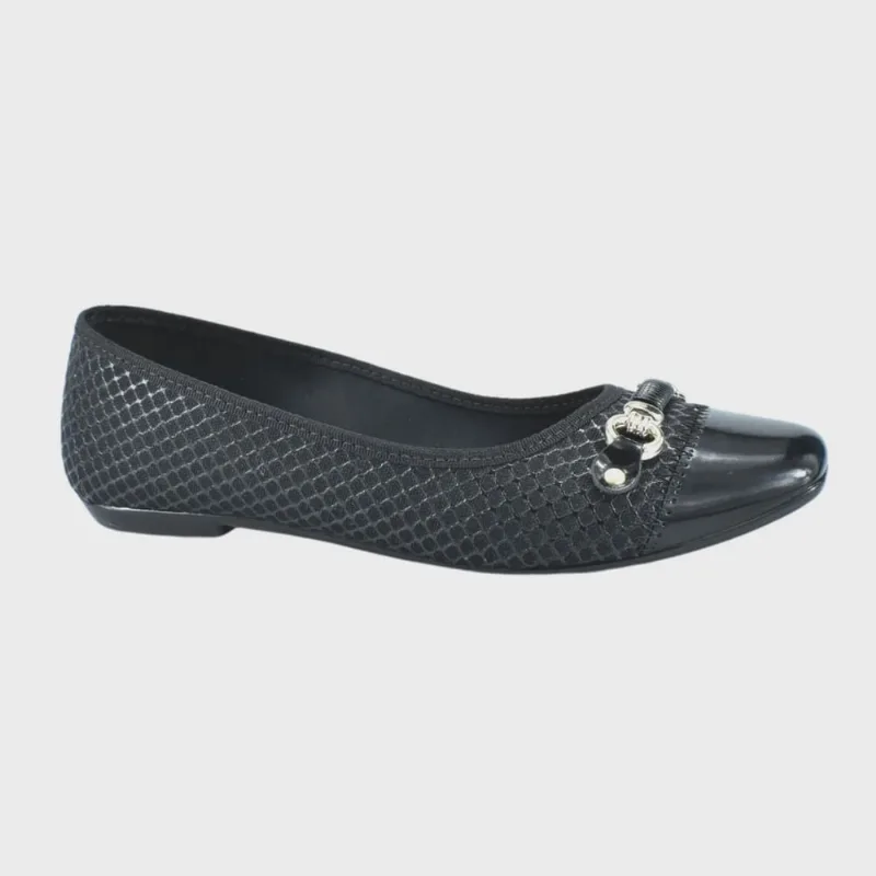 Sapatilha Moleca Lona Losango Preto Bico Quadrado Verniz Laço Feminino