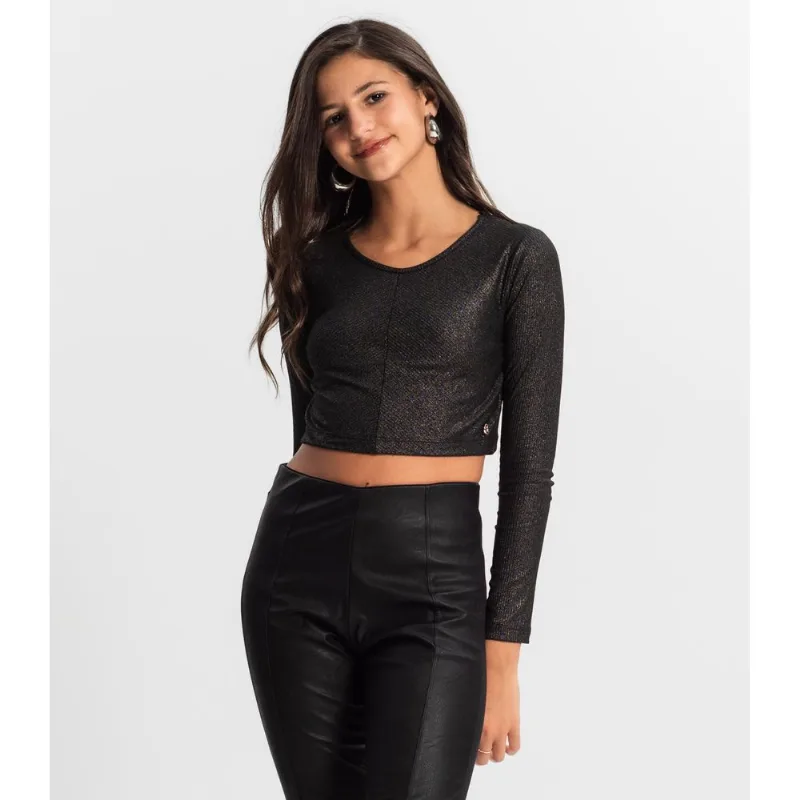 Blusa Cropped Juvenil Manga Longa Minty Preto 18