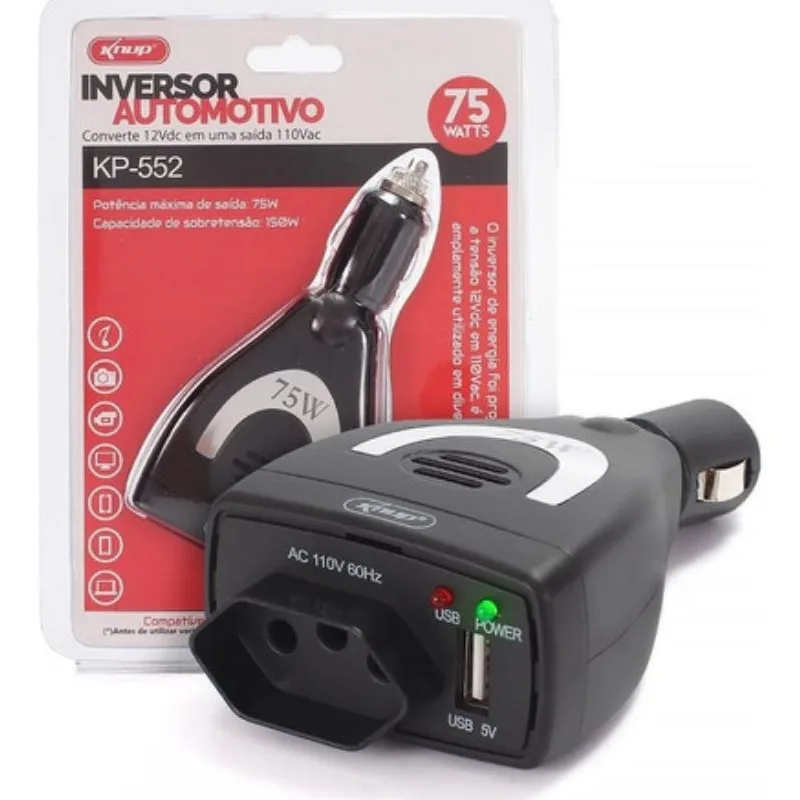 Inversor Conversor Carro 75w 12v P/110v Usb Kp-552 Knup