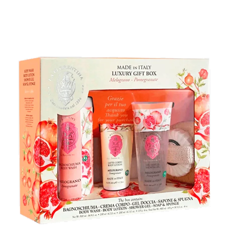 Kit Florentina Spa Pomegranate - Sabonete Liquido 500ml + Shower Gel 200ml + Body Lotion 200ml + Sabonete 115g + Esponja de Banho