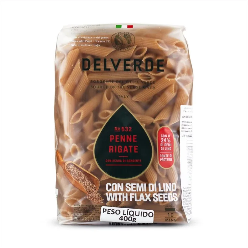 Penne Rigate Italiano Delverde com Semente de Linho Nº532 400g