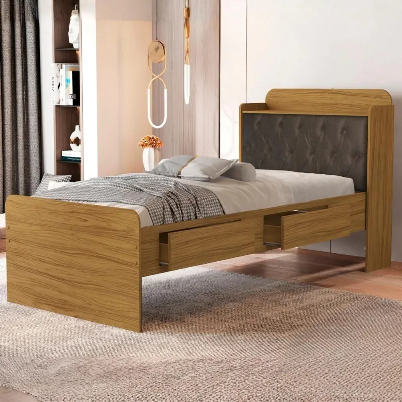 Cama Solteiro Baú Tamires com Gavetas Capitone em MDF Nature Nogal Milani Movelaria - OUTRAS - Móveis