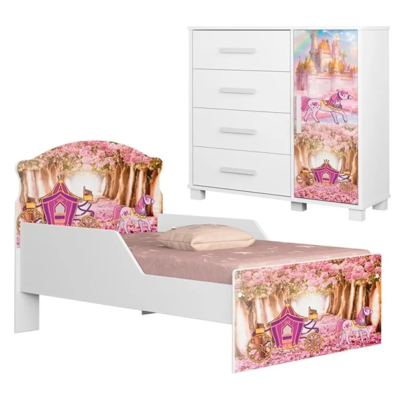 Kit Mini Cama e Cômoda Lívia 4 Gavetas 1 Porta MDF Branco Milani Movelaria - OUTRAS - Bebês