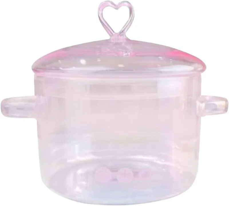 Panela de vidro com tampa e alça, panela de vidro transparente para sopa, macarrão, comida para bebê, rosa, 1500ML - MARKELK