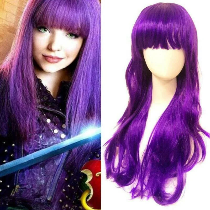 Mulheres roxas longas perucas curly senhoras moda ondulado cabelo cosplay peruca com franja