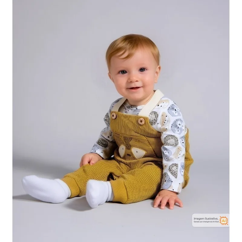 Jardineira/Camiseta Carinha de Bicho Amarelo - 1