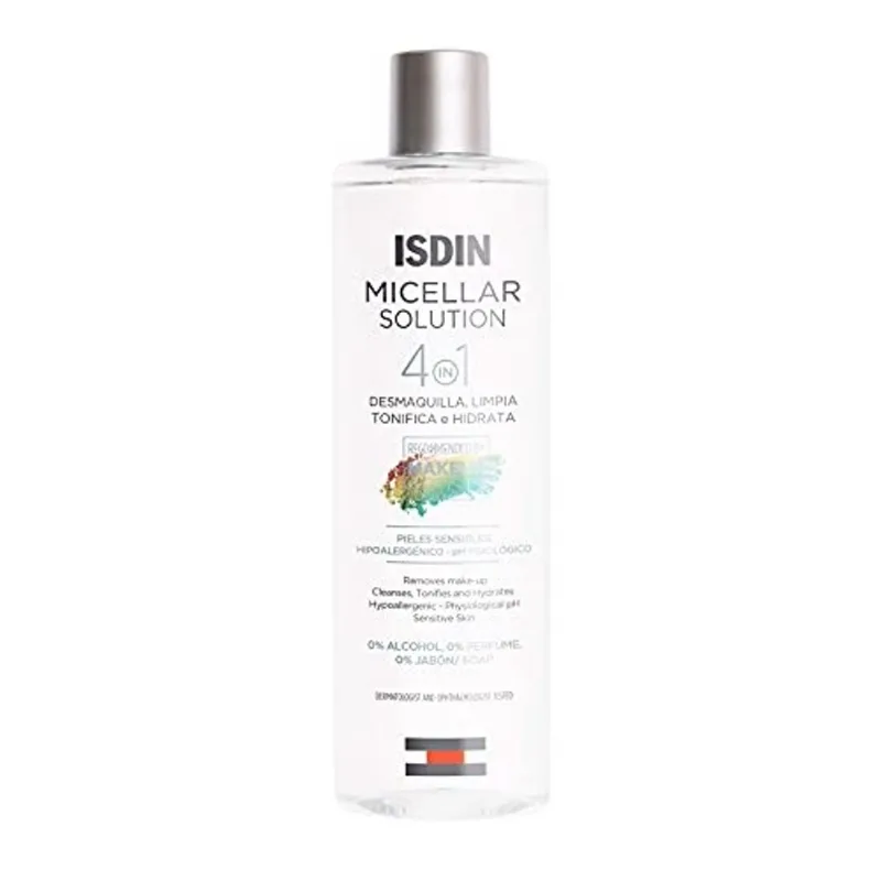 Solução isdin Micellar, 4 em 1 Removedor de Maquiagem, Limpador, Toner Hidratante - Adequado para Pele Sensível, 13.5 Fl. Oz