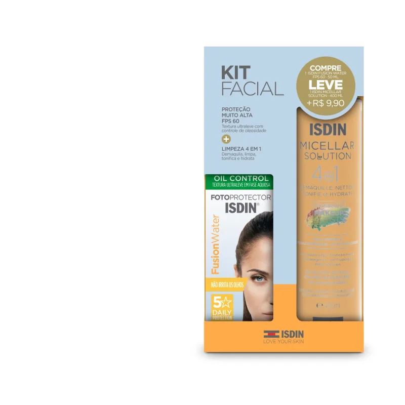 Kit Facial Isdin Fusion Water E Micellar + Protetor Solar Facilal Sem Cor Fps50 - Isdin