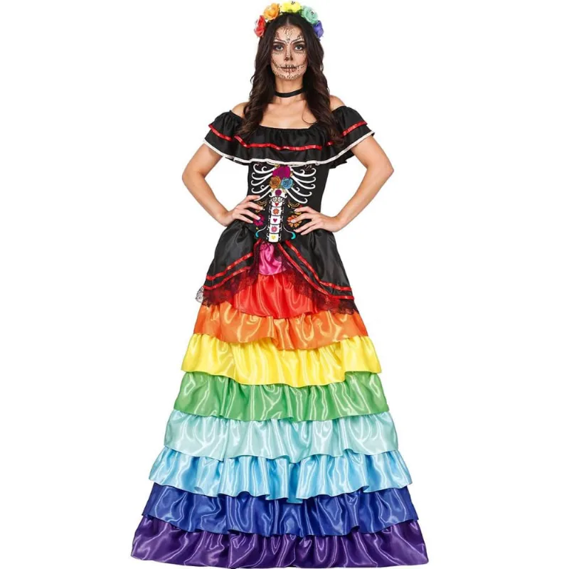 Fantasia Caveira Mexicana Feminina Adulta Luxo Longa de Halloween La Catrina P / Colorido