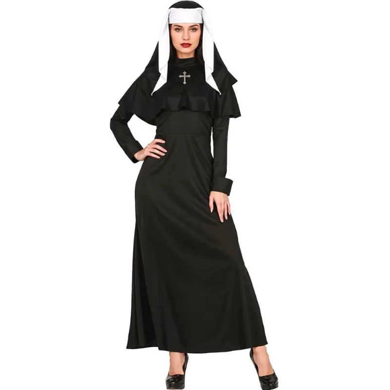 Fantasia Freira de Halloween Feminina Adulta Clássica de Luxo com Véu P / Preto