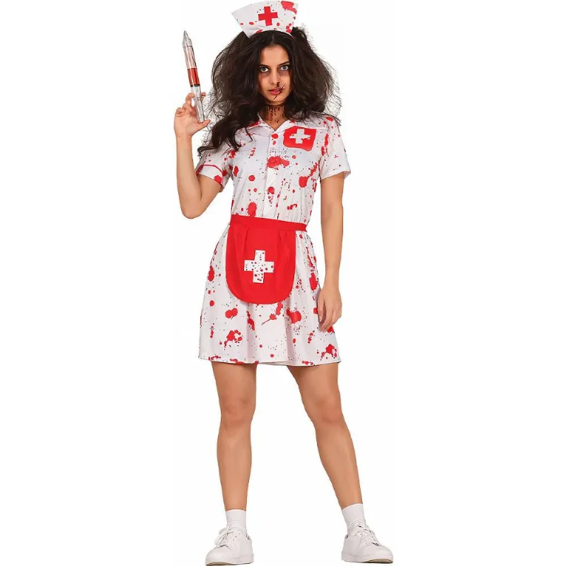 Fantasia Enfermeira Halloween Feminina Adulta Assassina Com Tiara e Avental P / Branco