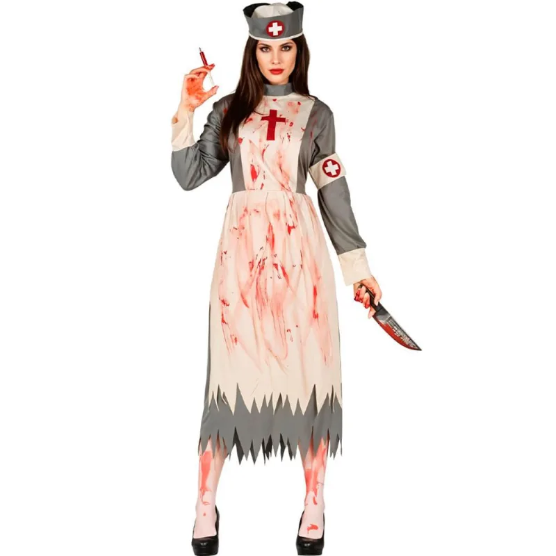 Fantasia Enfermeira Halloween Segunda Guerra Mundial Com Vestido e Chapéu P / Branco