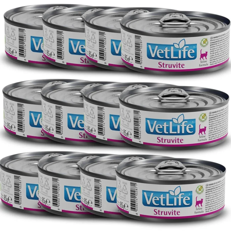 Kit com 12 Vet Life Struvite Ração Úmida p/ Gatos 85g - FARMINA