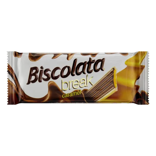 BISCOITO COM RECHEIO DE CARAMELO E COBERTURA DE CHOCOLATE AO LEITE BISCOLATA BREAK PACOTE 20G