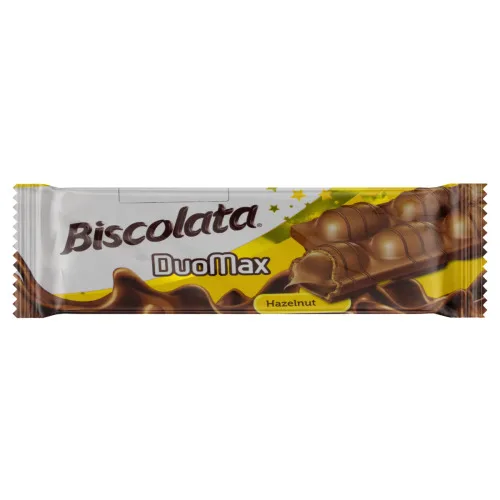 CHOCOLATE AO LEITE COM CREME DE AVELÃ BISCOLATA DUOMAX PACOTE 44G