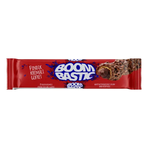 CHOCOLATE AO LEITE COM RECHEIO DE WAFER DE CREME DE AVELÃ E FLOCOS DE ARROZ BOOMBASTIC PACOTE 32G