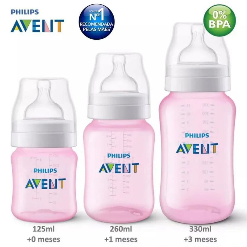 Kit Mamadeiras Philips Avent - Anti Colica 125 + 260 + 330 ML - Rosa - SCD809/42