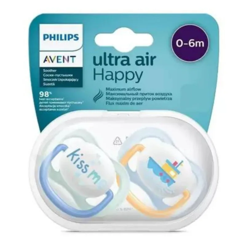 Chupeta Dupla Avent Philips Ultra Air Happy 0-6m Masculino Barco/Kiss Me SCF080/13