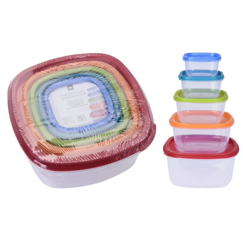 Conjunto Pote Plástico Excellent Houseware Com Tampa Cores Sortidas 5 Unidades