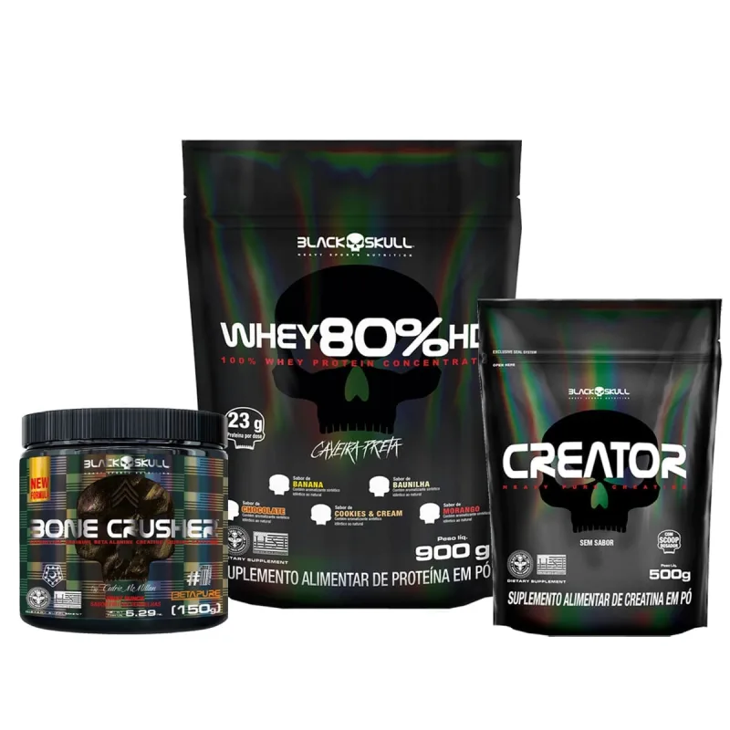 Kit Whey Protein 80% HD + Creatina 500g + Pré-treino Bone 150g - Black skull - Suplementos Alimentares