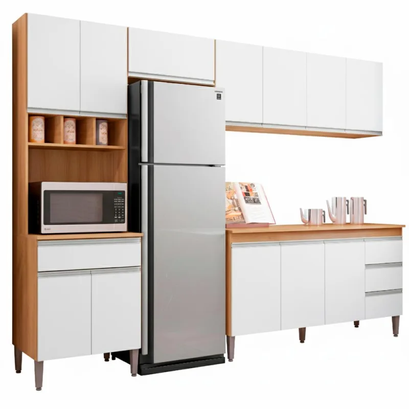 Cozinha Modulada 12 Portas 4 Gavetas 280 Cm Andreia Amendoa Branco Reajl Moveis - Não Informado - Móveis