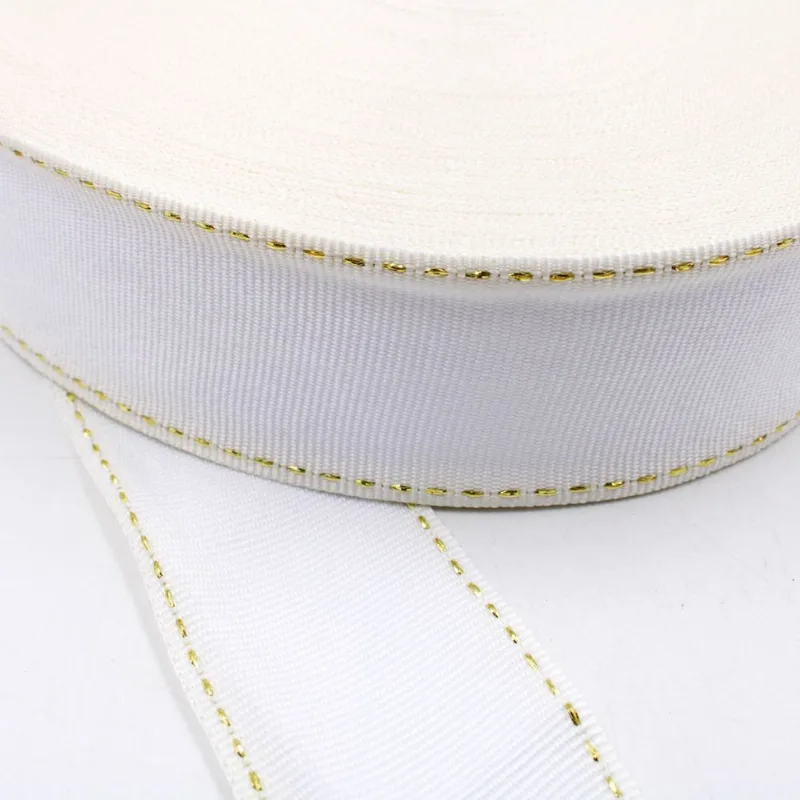 FITA PESPONTADA 38MM EM POLIESTER COM 01 METRO 277 - Branco Com Dourado