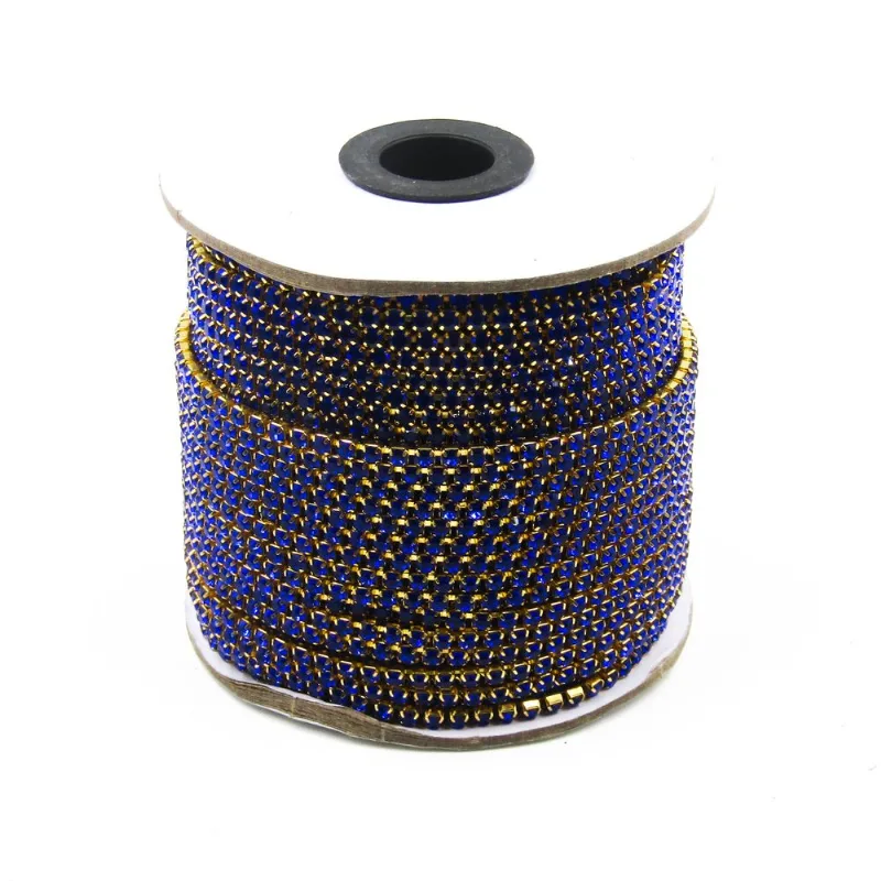 CORRENTE DE STRASS JUNTA SS18 EM VIDRO COM 01 METRO 115Kr - Dourado + Azul Royal 115