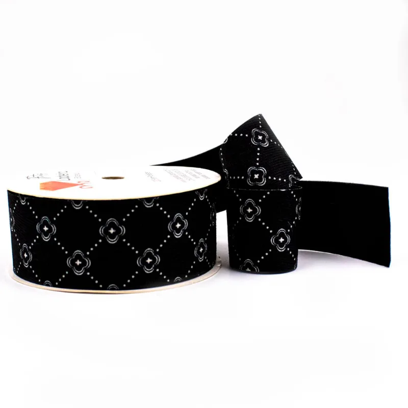 Fita Estampa Florzinha 38Mm Em Poliester Com 01 Metro D5-076 Preto E Branco
