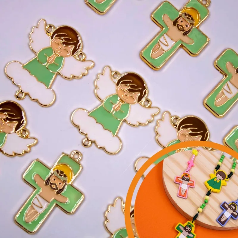 Entremeio Anjo Nuvem E Crucifixo Em Zamac Resinado Com 02 Peças Verde Bebe