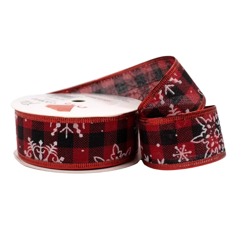 FITA XADREZ NATALINA FLOCO DE NEVE 38MM EM POLIESTER COM 01 METRO 201 - Vermelho