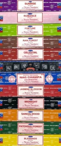 Nag Champa Sunrise Sandalwood Midnight Patchouli Celestial Fortune Blessings Romance Super Hit Jasmine Blossom Rain Forest By Satya Gift Set - NAG CHAMPA