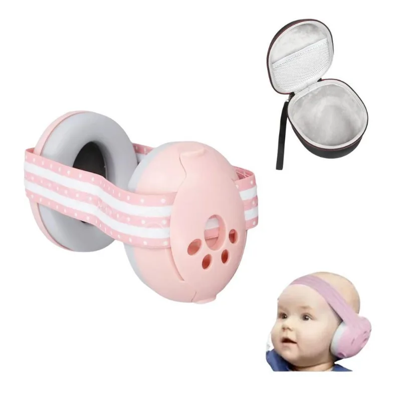 Protetor Abafador Som Ruído Bebê Neném Ajustável Rosa + Case