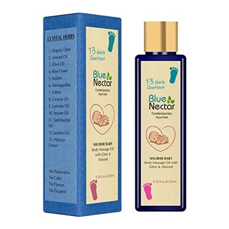 Óleo de bebê ayurvédico azul com ghee orgânica, óleo de massagem de bebê 100% natural com óleo de coco & azeite de oliva (200ml)